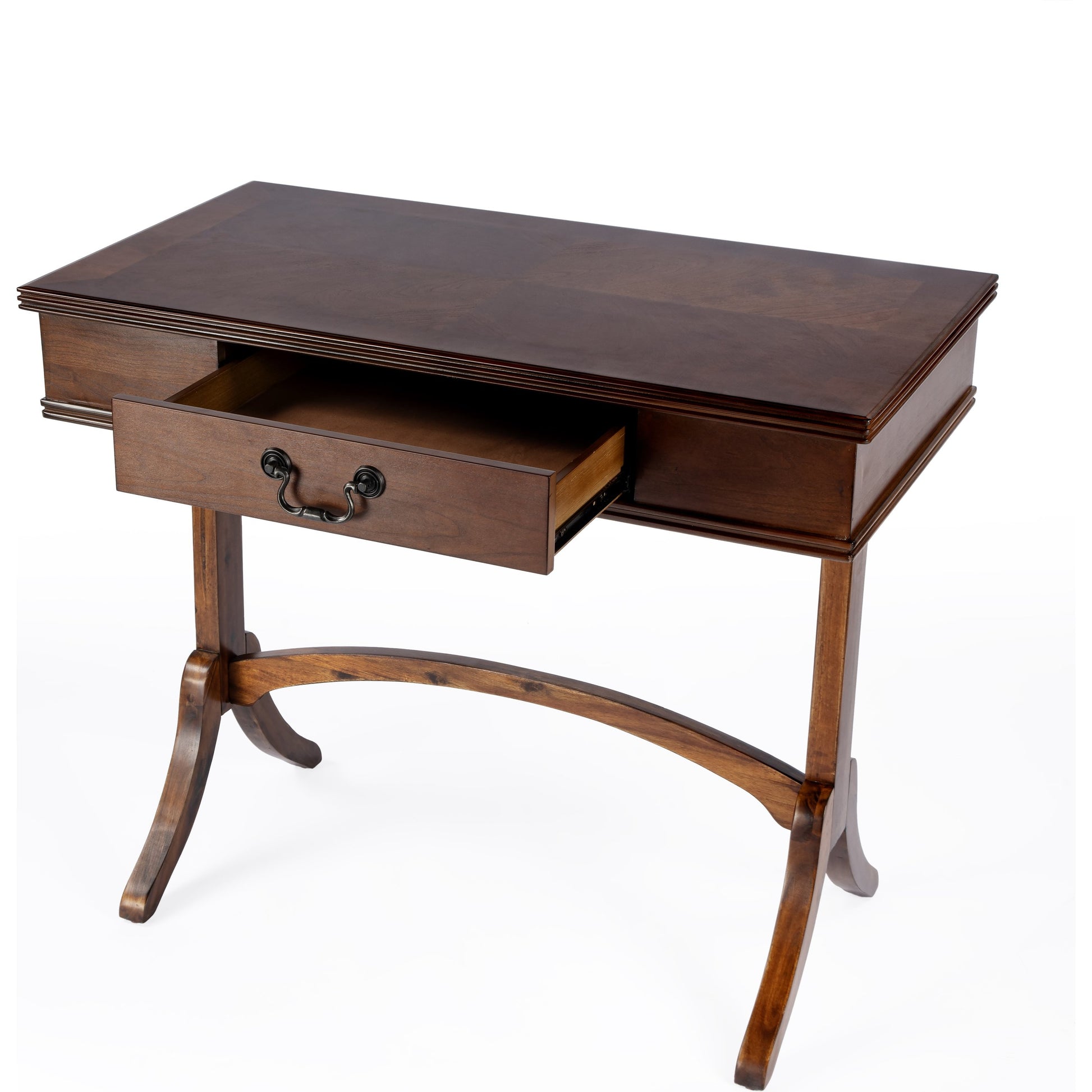 Alta Writing Desk by Butler Specialty Company. Made from acacia, pine wood solids, cherry veneer, mdf, antique brass hardware, metal drawer glides in a traditional style.