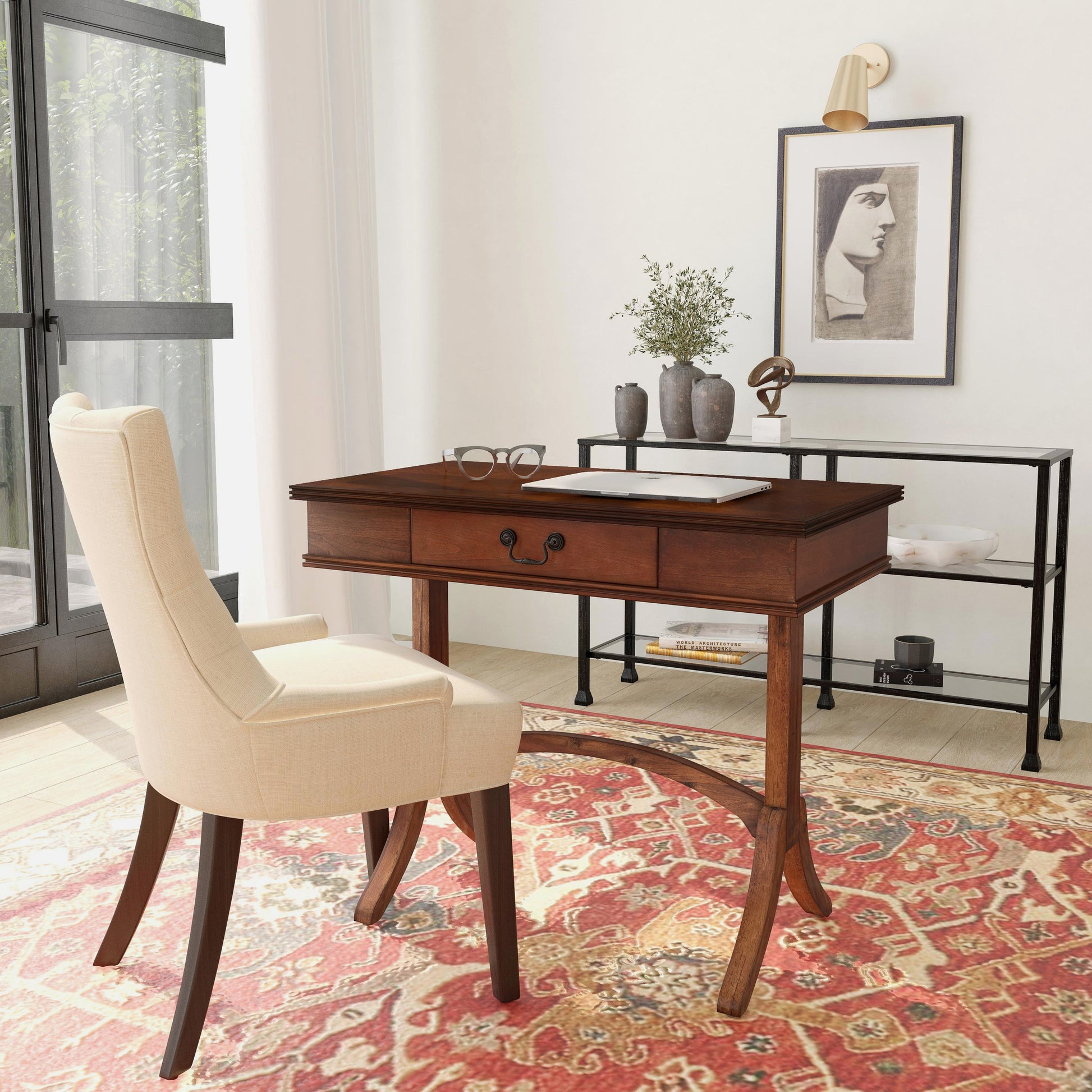 Alta Writing Desk by Butler Specialty Company. Made from acacia, pine wood solids, cherry veneer, mdf, antique brass hardware, metal drawer glides in a traditional style.