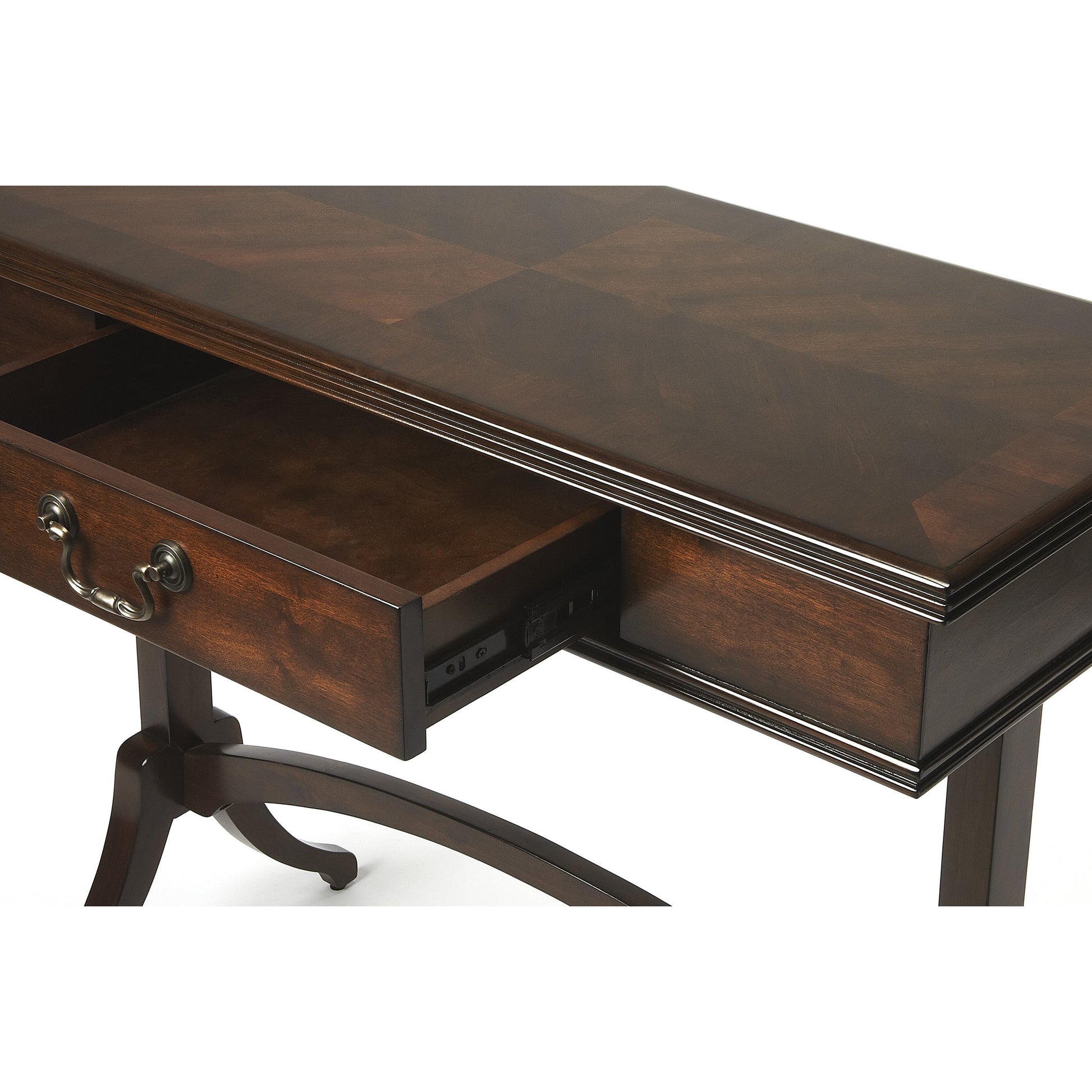 Alta Writing Desk by Butler Specialty Company. Made from acacia, pine wood solids, cherry veneer, mdf, antique brass hardware, metal drawer glides in a traditional style.