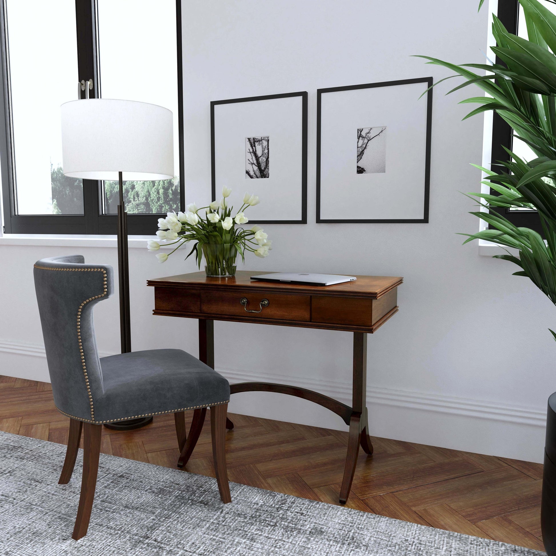Alta Writing Desk by Butler Specialty Company. Made from acacia, pine wood solids, cherry veneer, mdf, antique brass hardware, metal drawer glides in a traditional style.