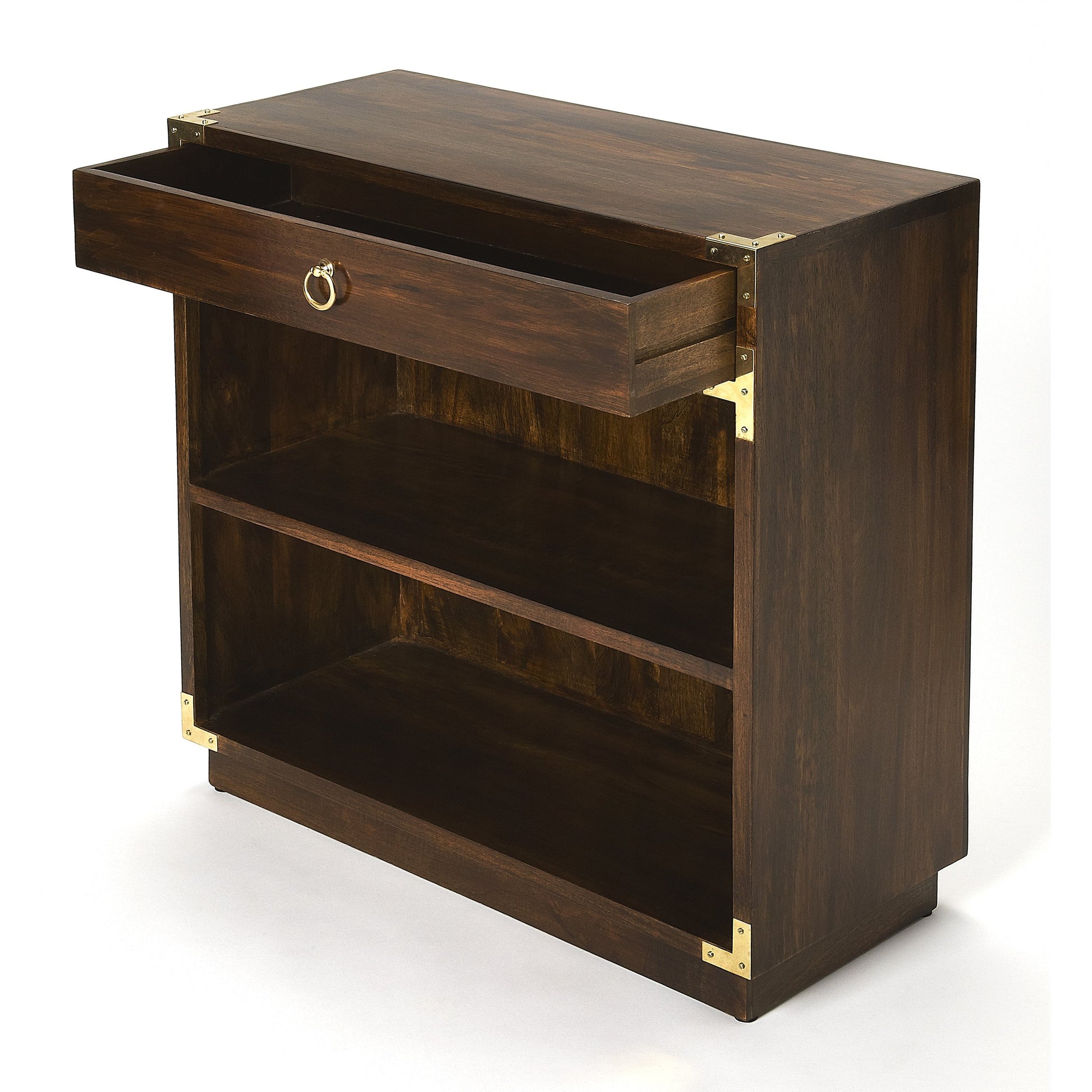 Forster Campaign Bookcase by Butler Specialty Company in dark brown and brown. Made from mango wood solids, mdf, brass finished hardware in a transitional style.