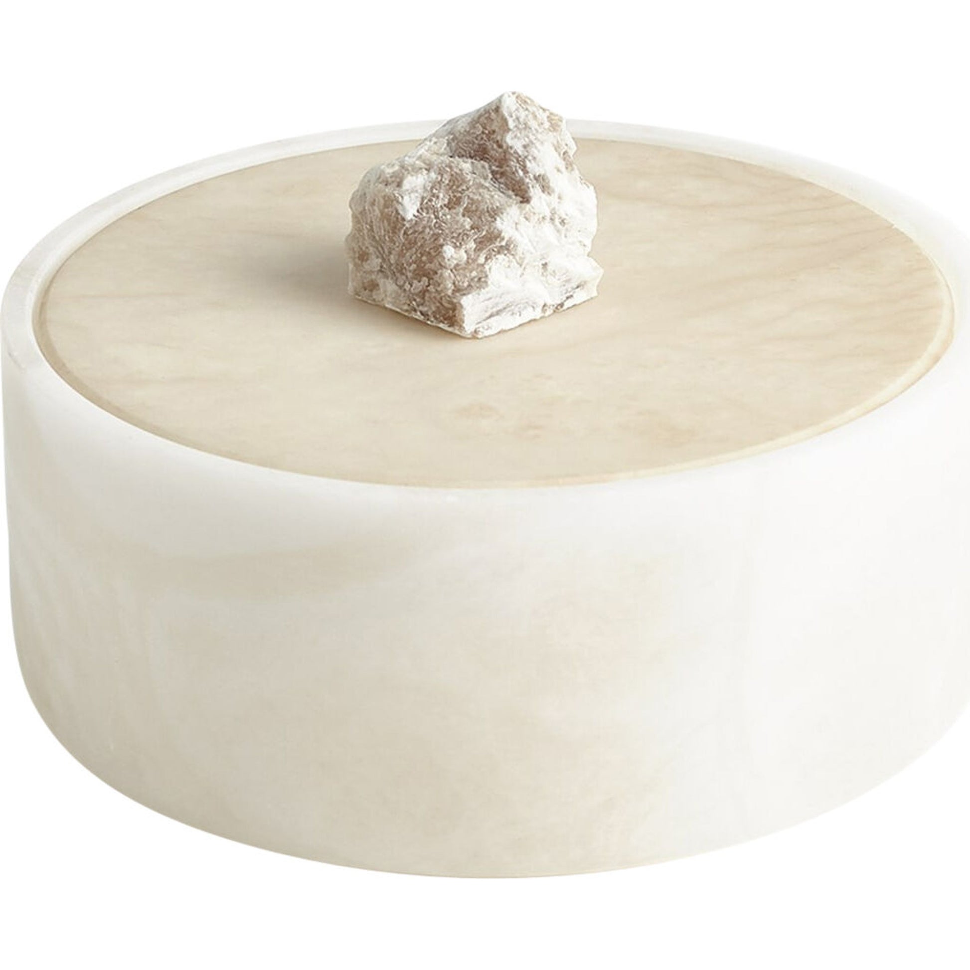 Alabaster Round Box with Rock Finial by Global Views. Made from alabaster in a coastal style.