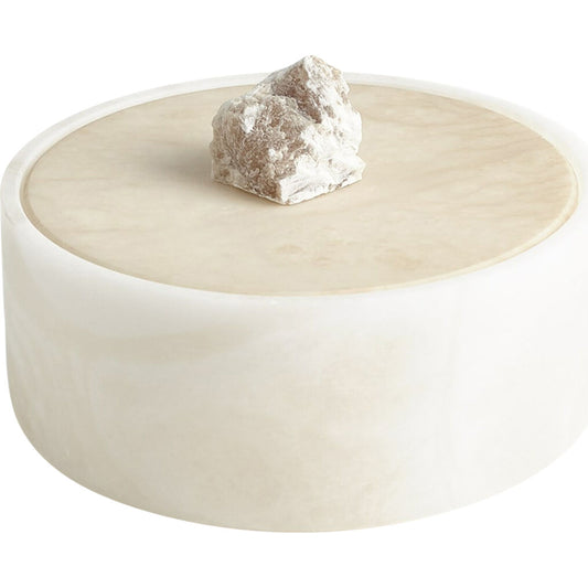 Alabaster Round Box with Rock Finial by Global Views. Made from alabaster in a coastal style.