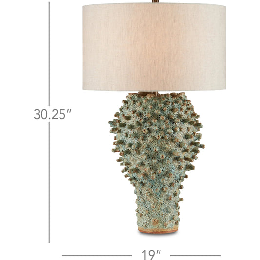 Sea Urchin Table Lamp by Currey and Company in sunken green. Made from ceramic in a coastal style.