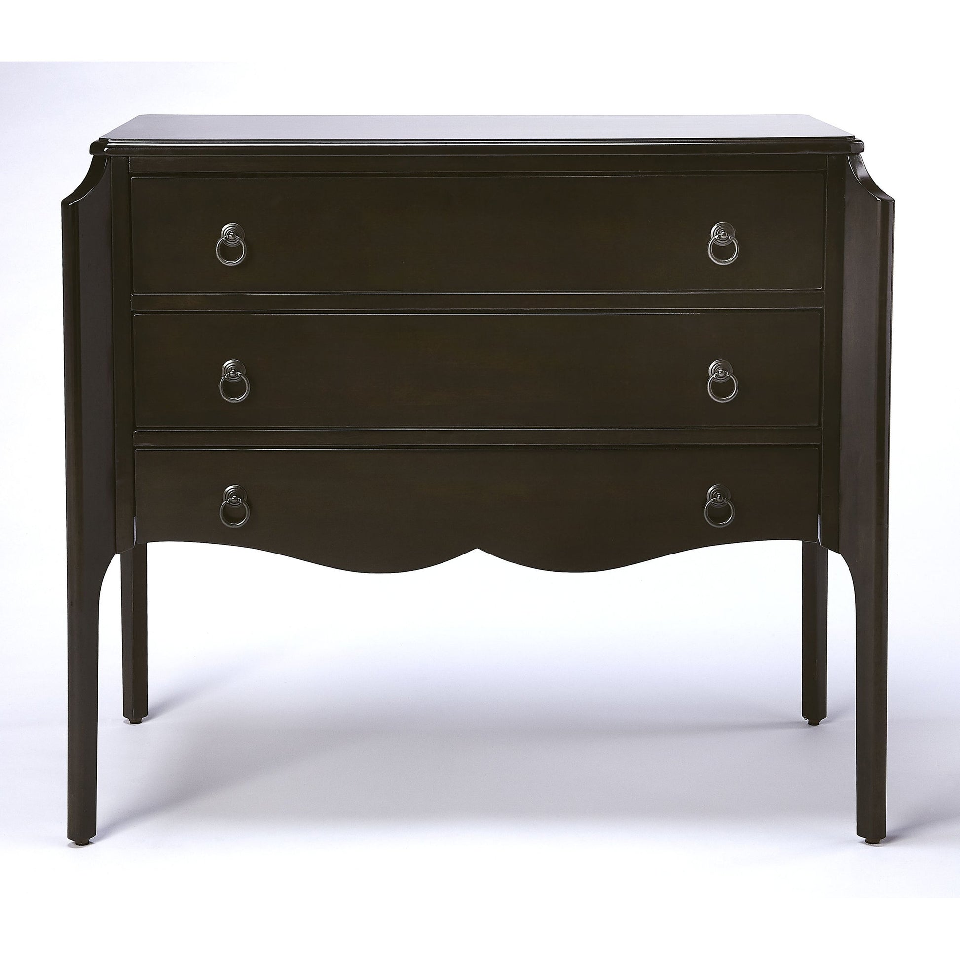 Wilshire Chest by Butler Specialty Company in dark brown and chocolate. Made from rubberwood solids, mdf, oak veneers, antique bronze finish hardware in a transitional style.