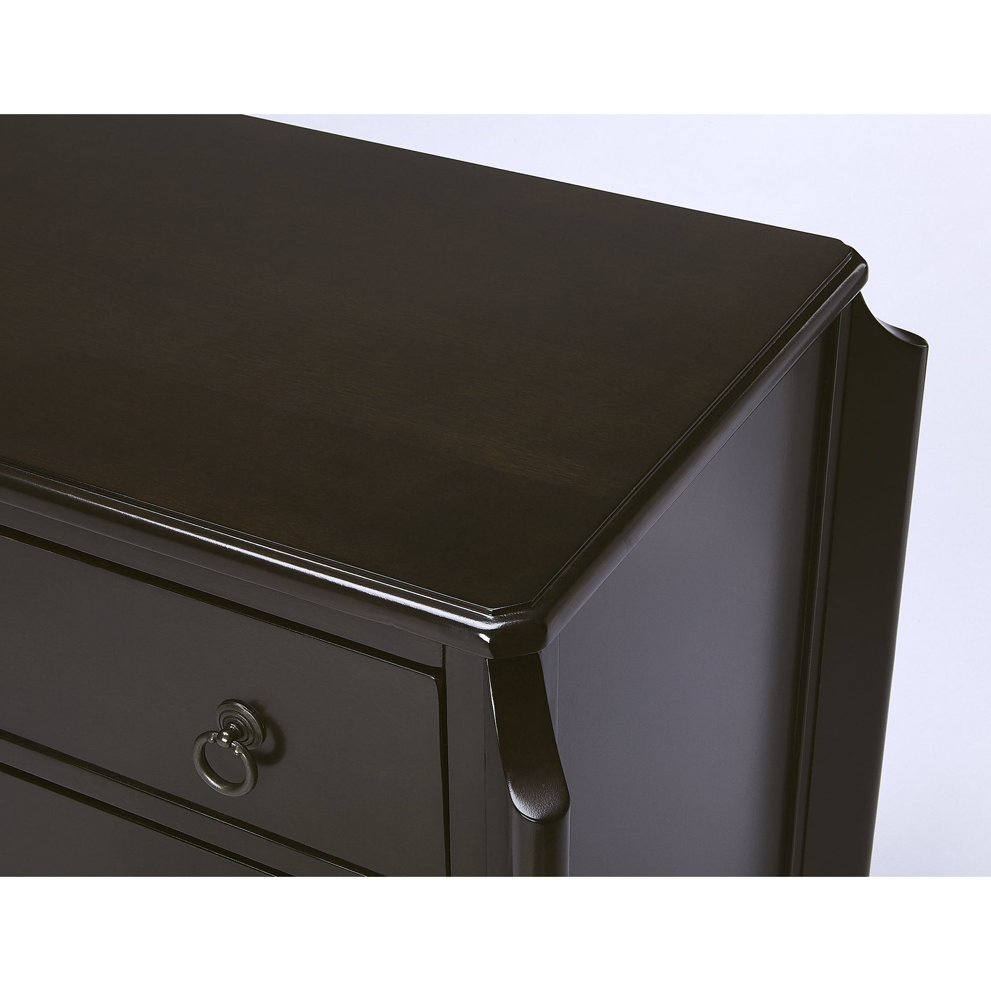 Wilshire Chest by Butler Specialty Company in dark brown and chocolate. Made from rubberwood solids, mdf, oak veneers, antique bronze finish hardware in a transitional style.