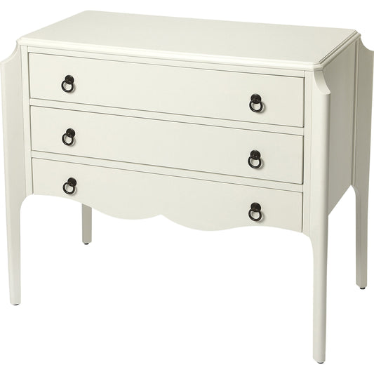 Wilshire Accent Chest by Butler Specialty Company in white and glossy white. Made from rubberwood solids, mdf, oak veneer, antique bronze finished hardware in a transitional style.