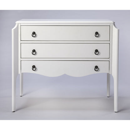 Wilshire Accent Chest by Butler Specialty Company in white and glossy white. Made from rubberwood solids, mdf, oak veneer, antique bronze finished hardware in a transitional style.