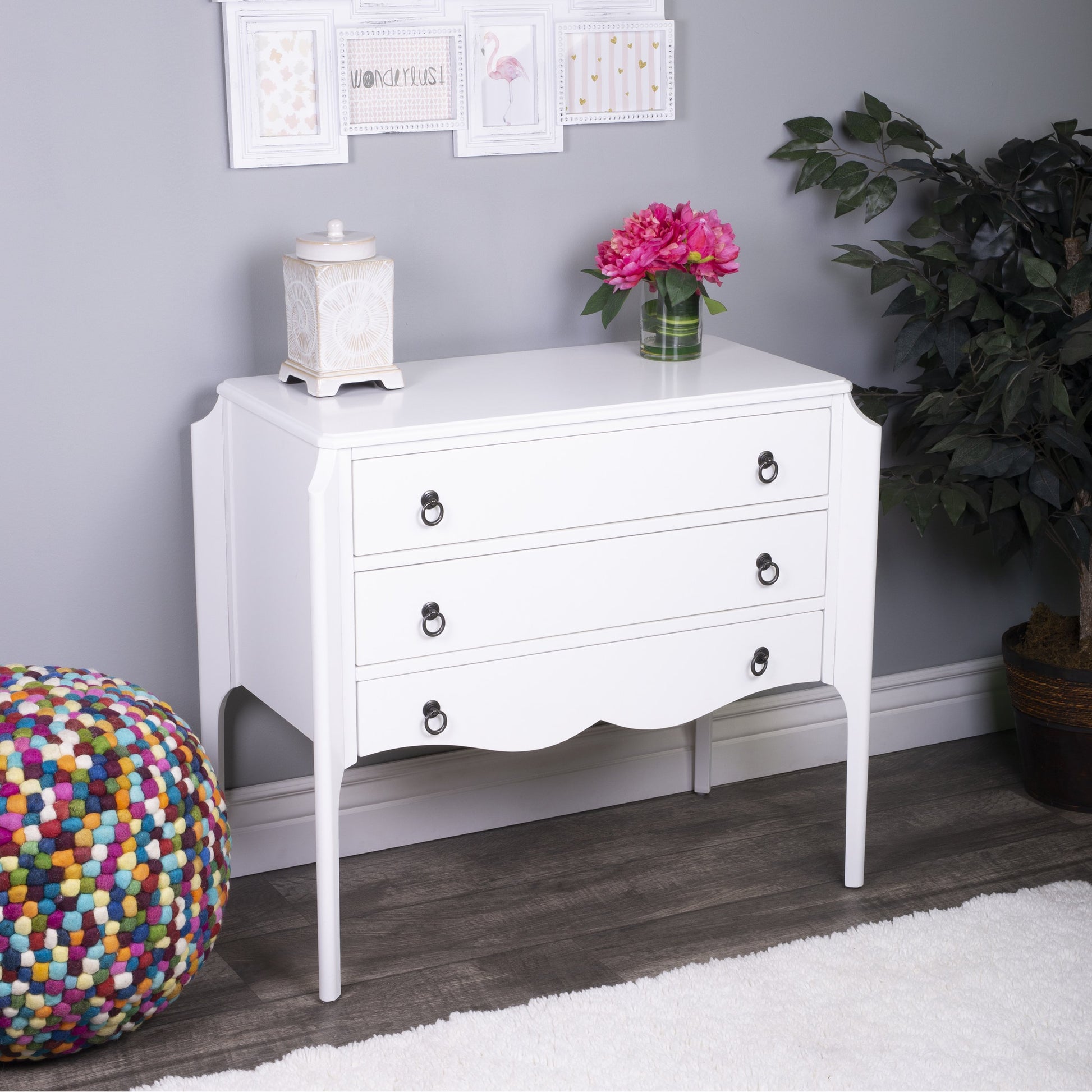 Wilshire Accent Chest by Butler Specialty Company in white and glossy white. Made from rubberwood solids, mdf, oak veneer, antique bronze finished hardware in a transitional style.