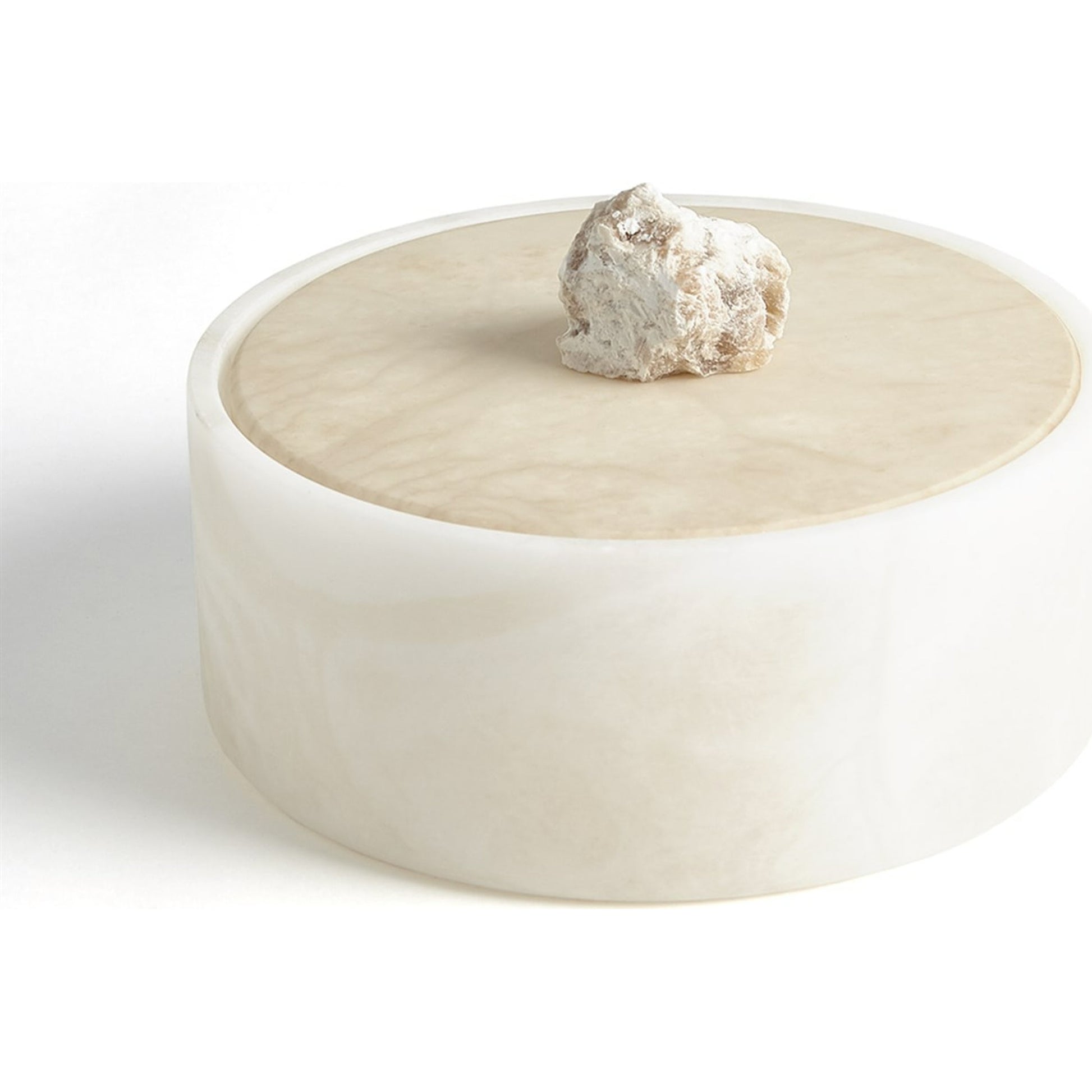 Alabaster Round Box with Rock Finial by Global Views. Made from alabaster in a coastal style.
