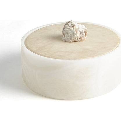 Alabaster Round Box with Rock Finial by Global Views. Made from alabaster in a coastal style.