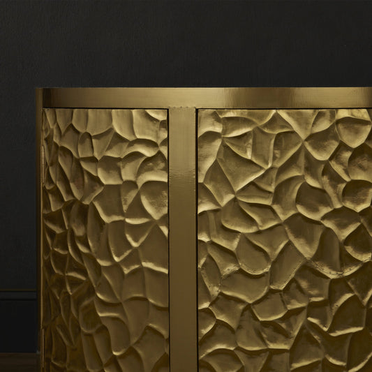 Auden Demi-Lune Cabinet by Currey and Company in brass. Made from brass, solid teak in a modern style.