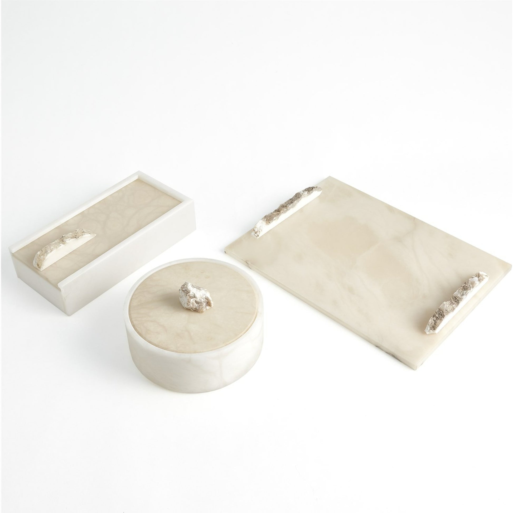 Alabaster Rectangle Tray with Rock Handles by Global Views. Made from alabaster in a modern style.