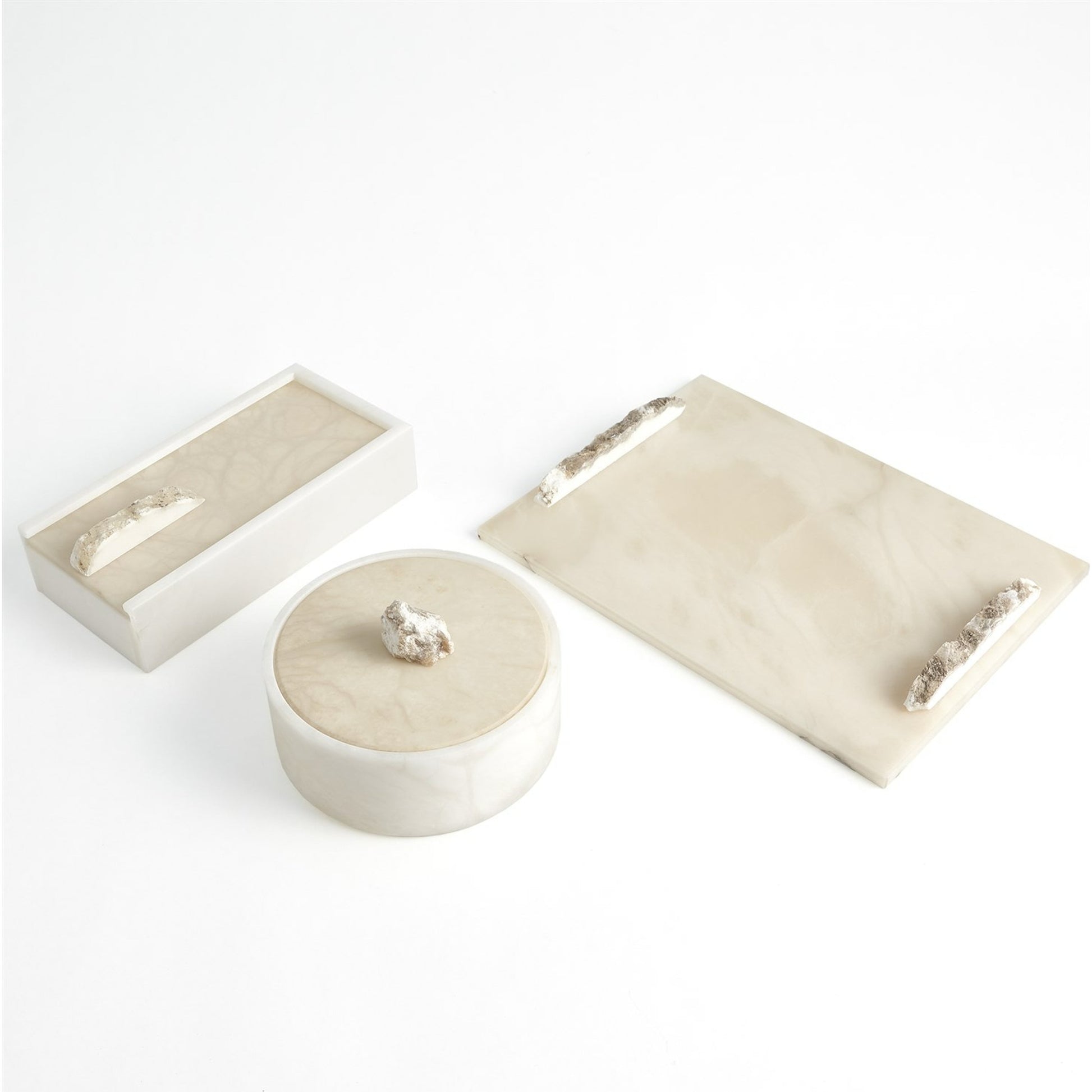Alabaster Round Box with Rock Finial by Global Views. Made from alabaster in a coastal style.