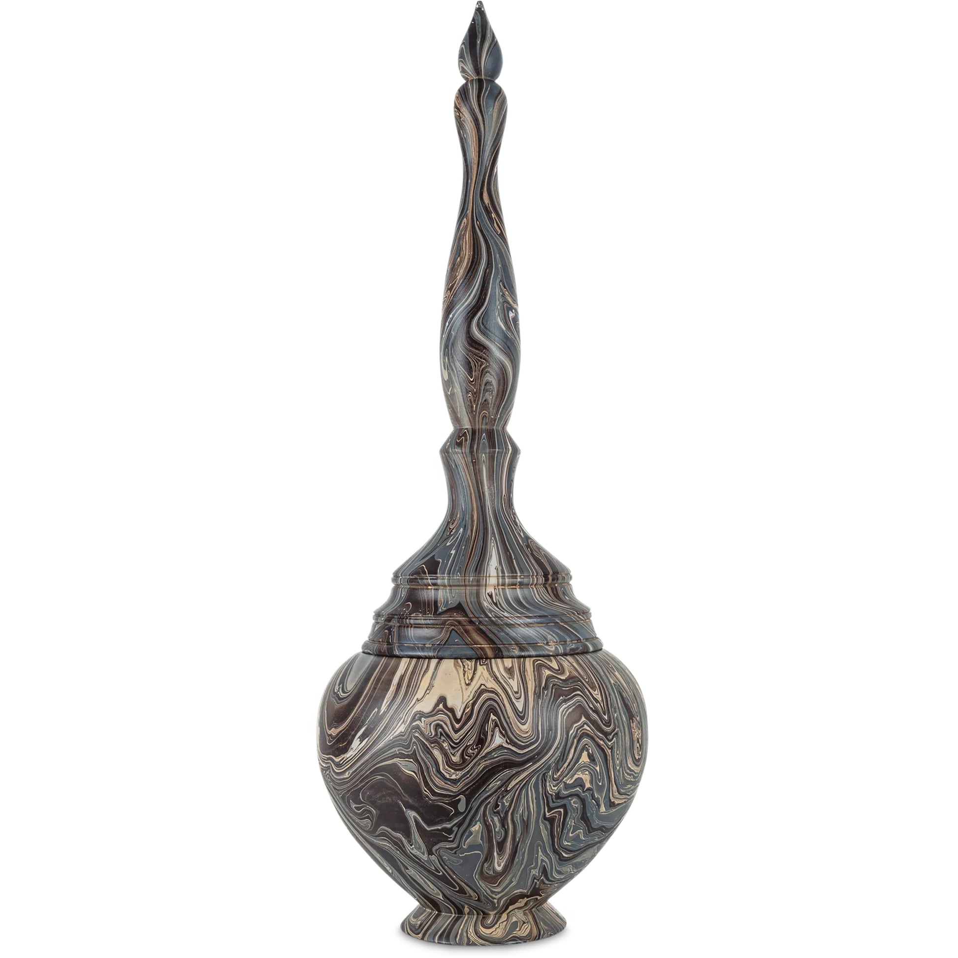 Tall Turret Box by Currey and Company in marbleized brown. Made from wood in a unique style.