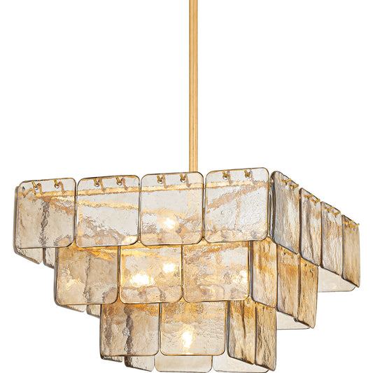 Regal 9-Light Chandelier by Corbett in vintage gold leaf. Made from steel in a unique style.