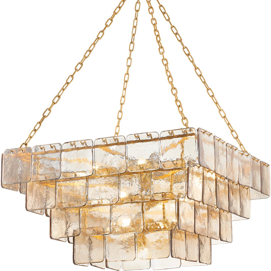 Regal 17-Light Chandelier by Corbett in vintage gold leaf. Made from steel in a unique style.