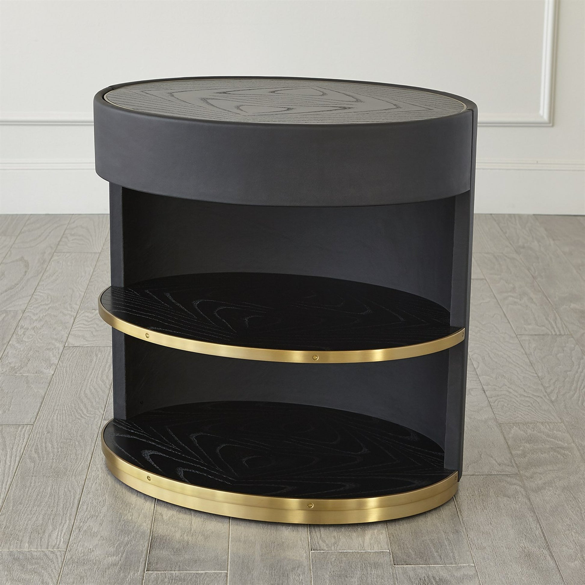 Ellipse Bedside Cabinet by Global Views in black. Made from poplar, oak, black lacquer in a modern style.