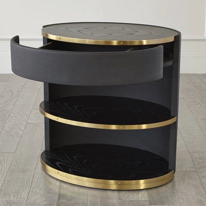 Ellipse Bedside Cabinet by Global Views in black. Made from poplar, oak, black lacquer in a modern style.