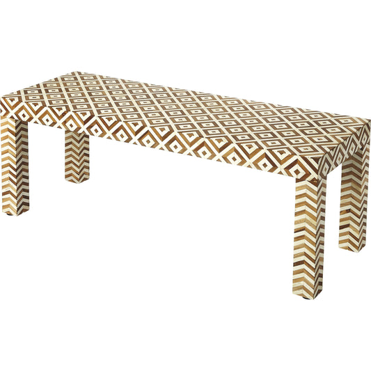 Crispin Wood & Bone Inlay Bench by Butler Specialty Company in light brown and wood, bone inlay. Made from merranti wood solids, bone, teak wood inlays, resin in a eclectic & global style.