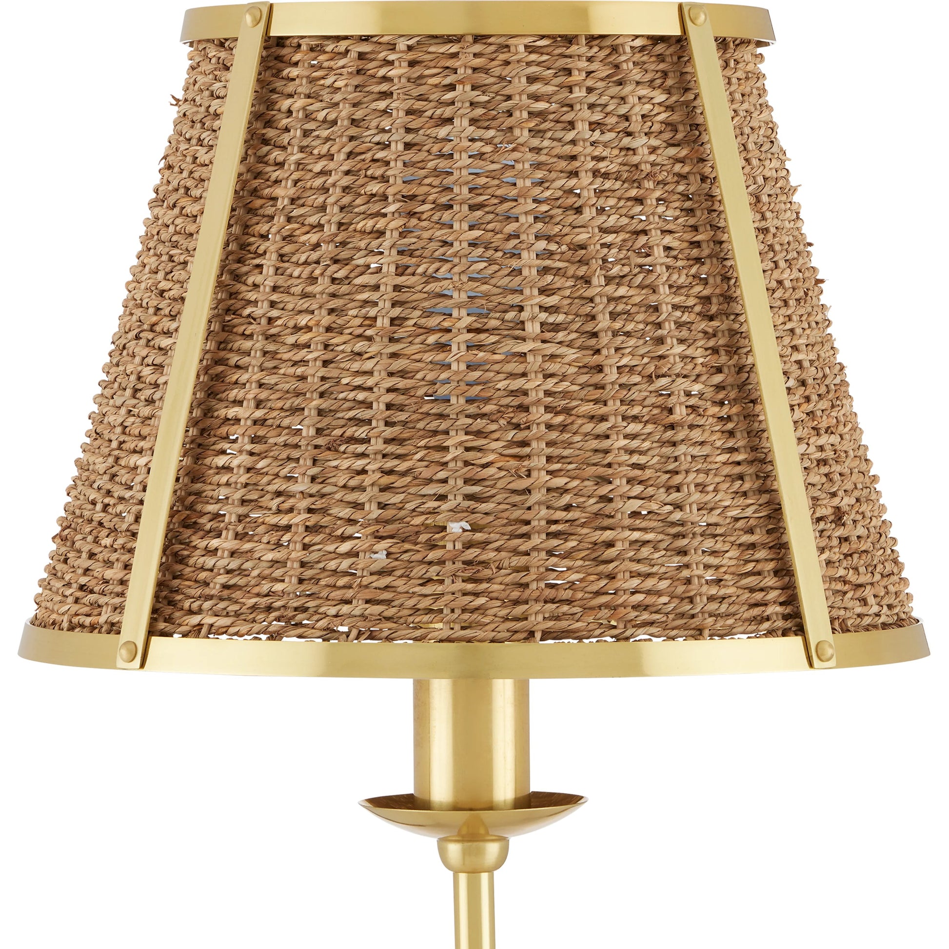 Deauville Floor Lamp by Currey and Company in polished brass, natural. Made from metal, seagrass in a cottage & farmhouse style.