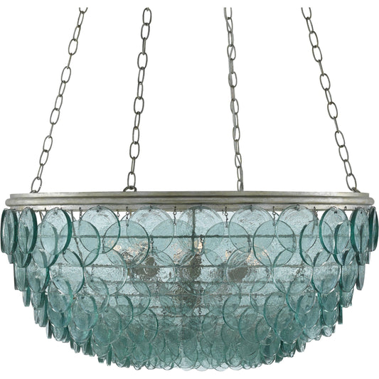 Quoram Chandelier by Currey and Company in blue and silver leaf. Made from wrought iron, recycled glass in a modern style.