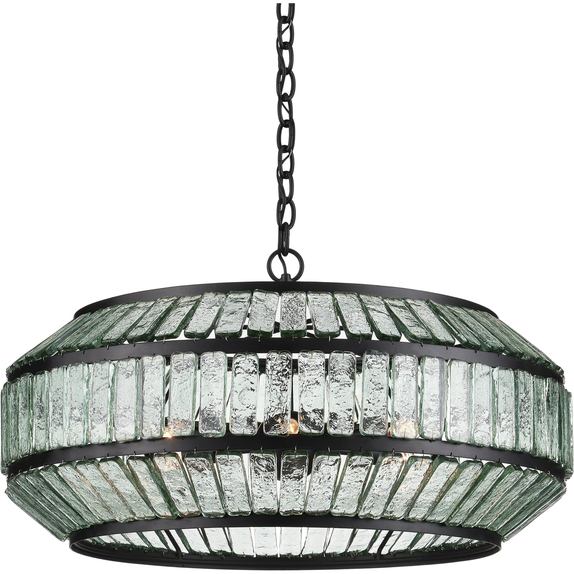 Centurion Recycled Glass Chandelier by Currey and Company in clear, satin black. Made from recycled glass, wrought iron in a traditional style.