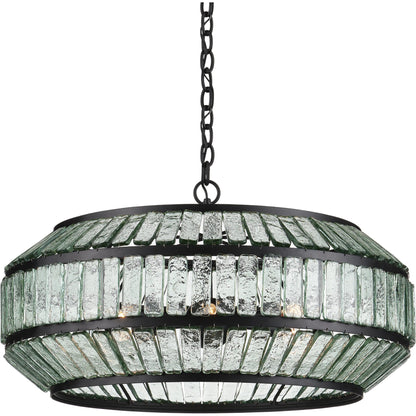 Centurion Recycled Glass Chandelier by Currey and Company in clear, satin black. Made from recycled glass, wrought iron in a traditional style.