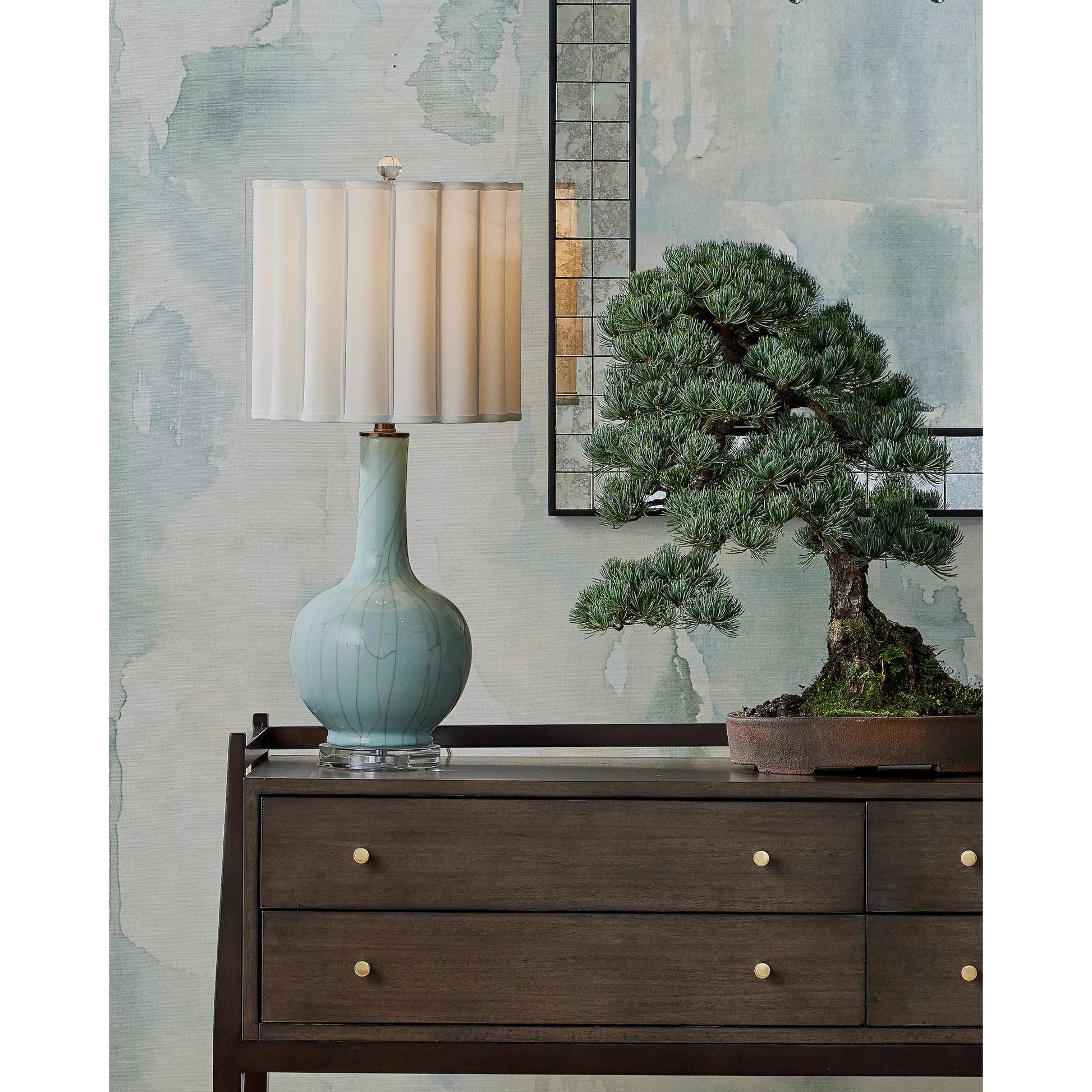 Celadon Crackle Table Lamp by Currey and Company in celadon crackle, clear, antique brass. Made from porcelain, optic crystal, metal in a modern style.