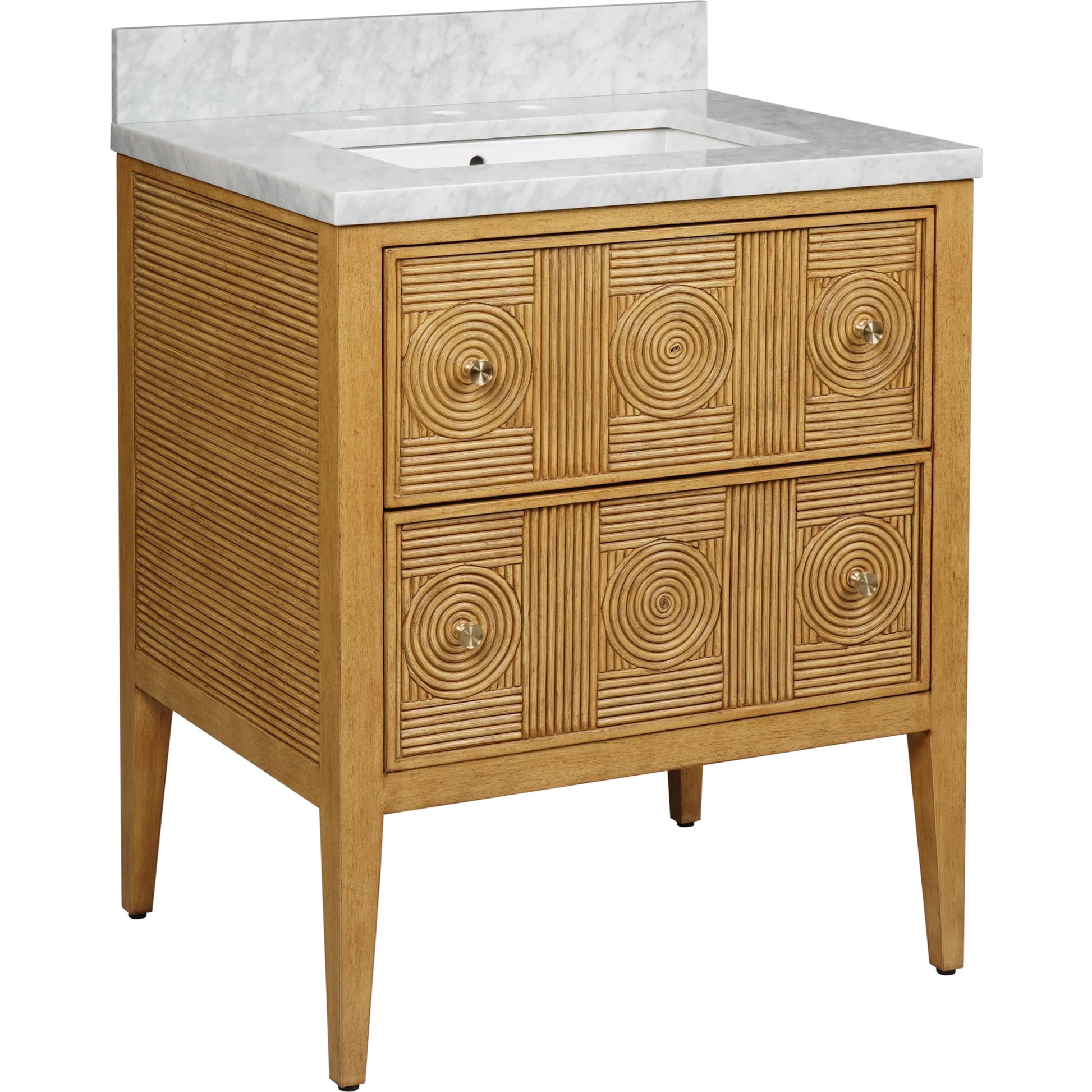 Santos 28" Vanity with Undermount Sink by Currey and Company. Made from rattan, mahogany, carrara marble, vitreous china, sungkai wood, brass in a unique style.