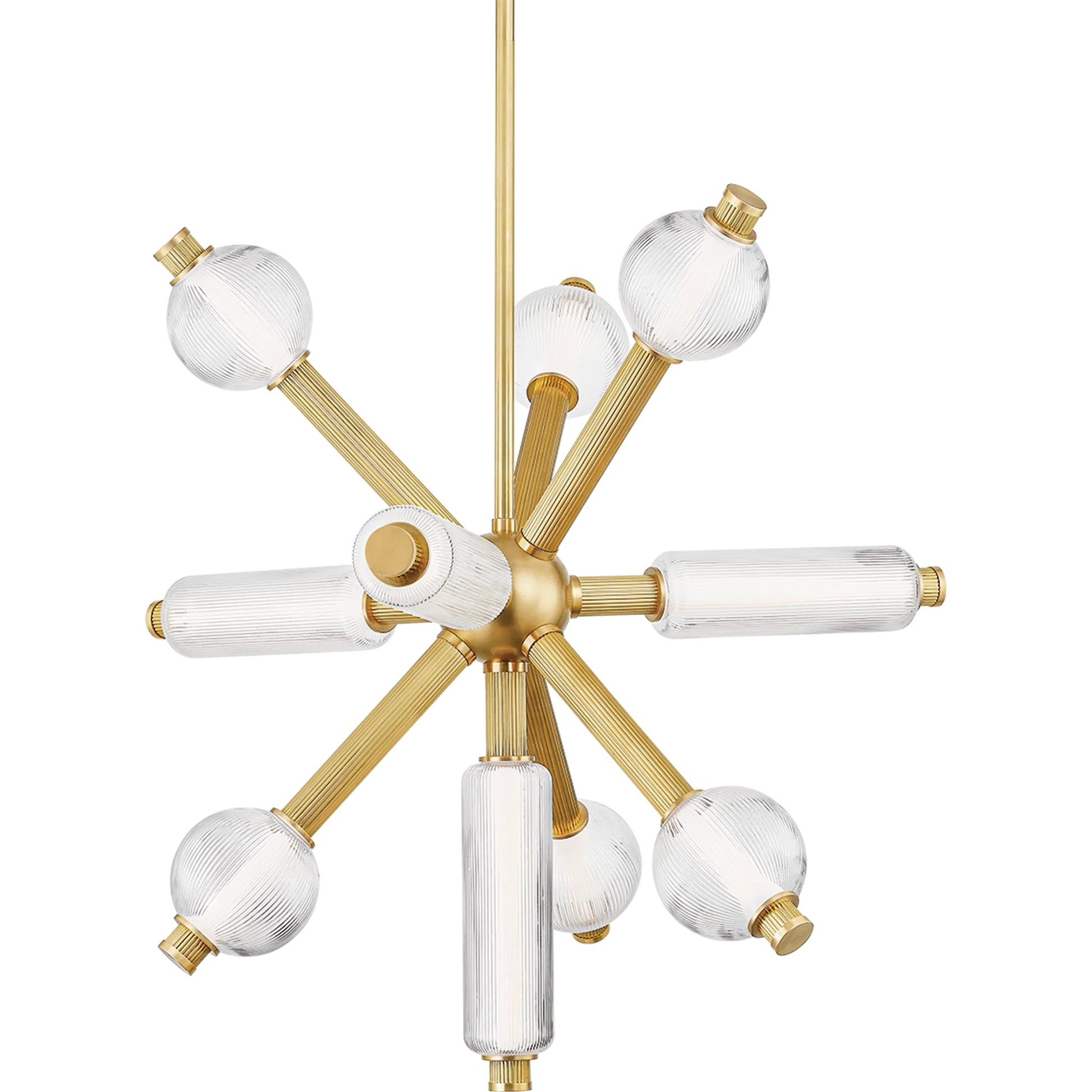 Atom 10-Light Chandelier by Corbett in vintage brass. Made from brass in a modern style.