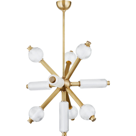 Atom 10-Light Chandelier by Corbett in vintage brass. Made from brass in a modern style.