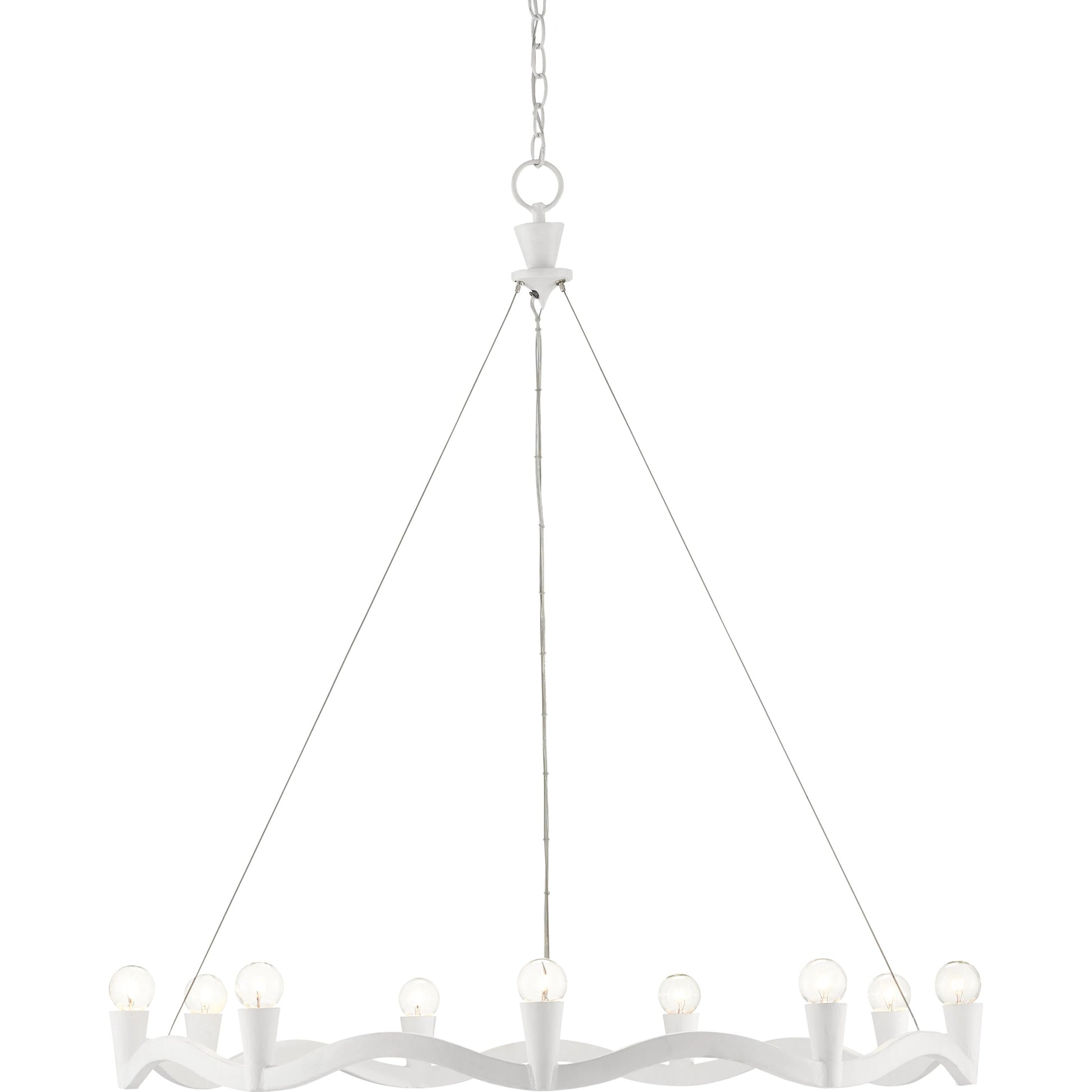 Serpentina Chandelier by Currey and Company in antique black. Made from wrought iron, air craft cable in a modern style.
