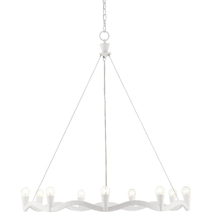 Serpentina Chandelier by Currey and Company in antique black. Made from wrought iron, air craft cable in a modern style.