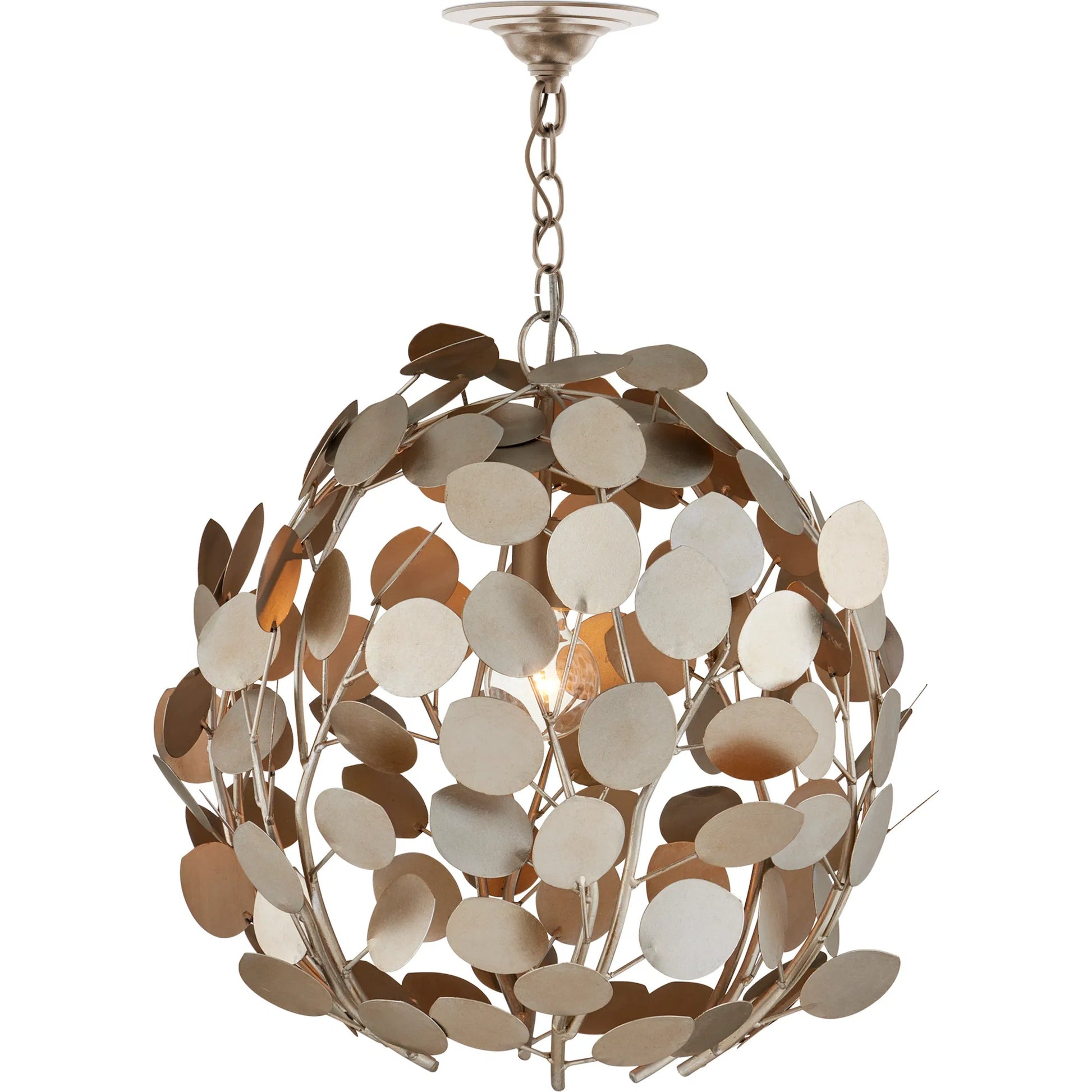 Lunaria Orb Chandelier by Currey and Company in contemporary silver leaf, contemporary silver. Made from wrought iron in a modern style.