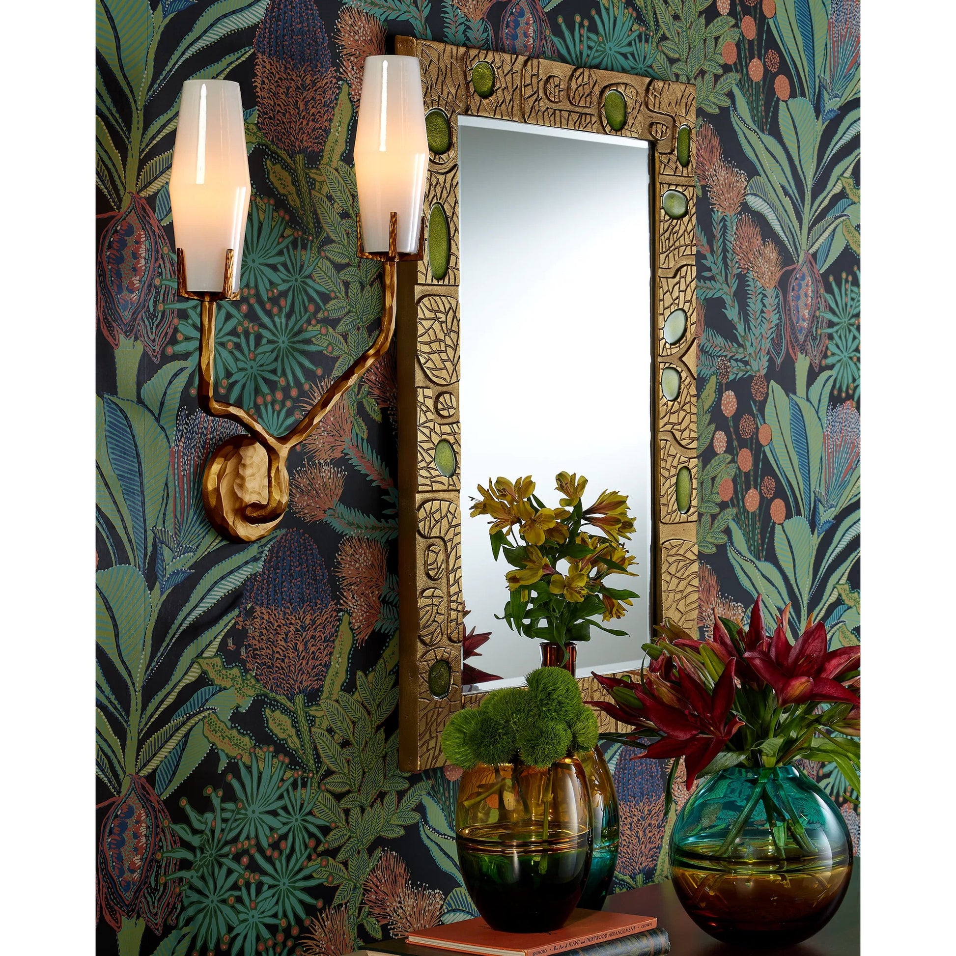 Beau Monde Mirror by Currey and Company in gold, green. Made from cast aluminum, enamel, glass in a modern style.