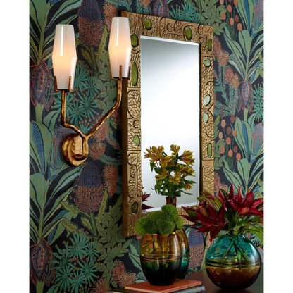 Beau Monde Mirror by Currey and Company in gold, green. Made from cast aluminum, enamel, glass in a modern style.
