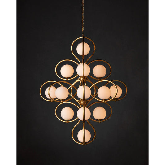 Storrs Chandelier by Currey and Company in contemporary gold leaf, contemporary gold, white. Made from wrought iron, glass in a modern style.