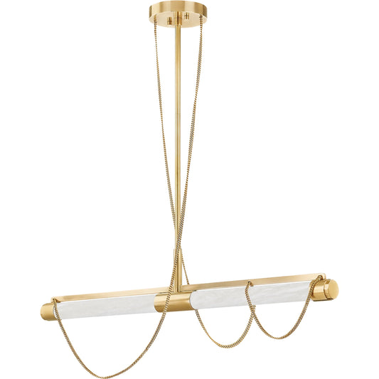 Lariat Linear Chandelier by Corbett in vintage brass. Made from brass in a unique style.