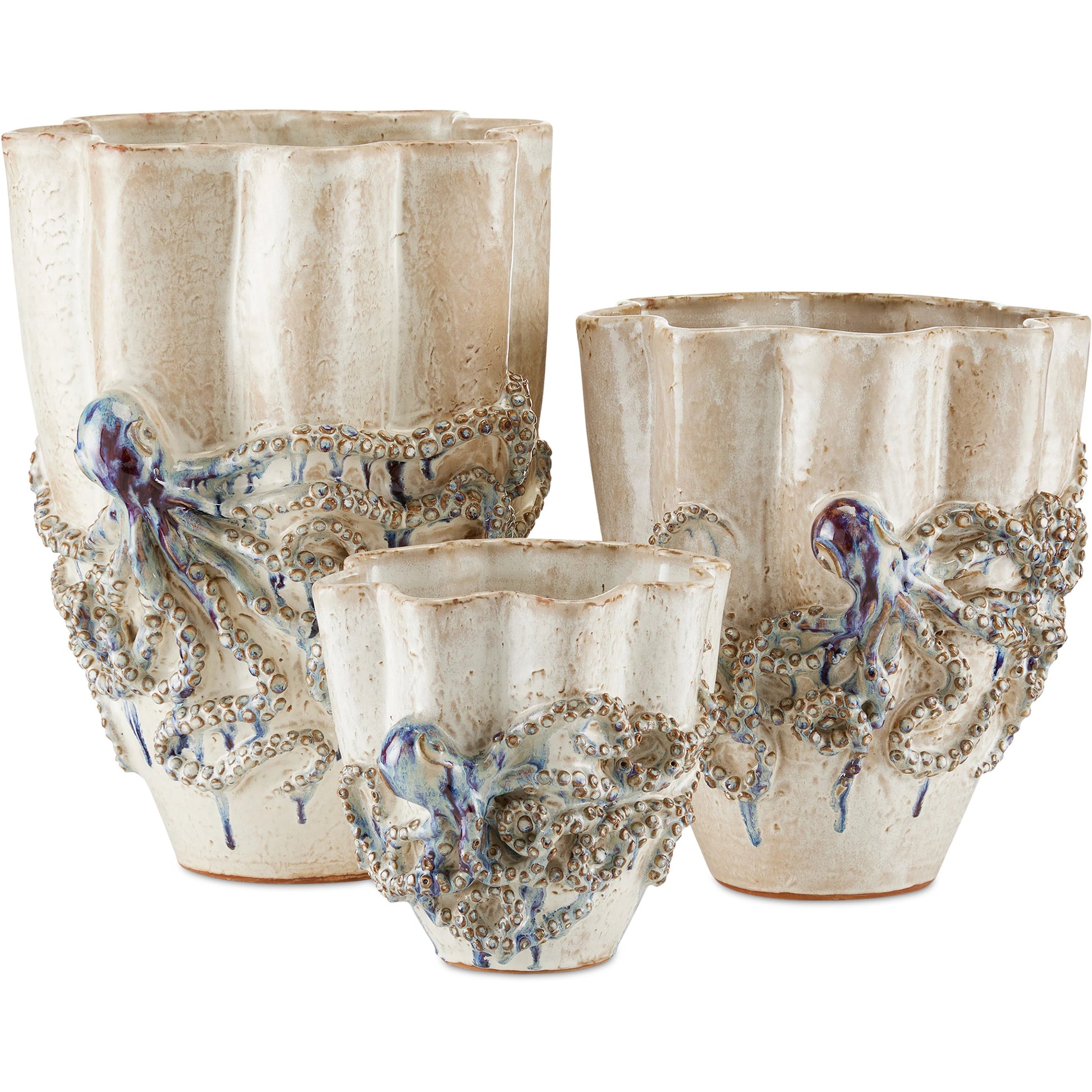 Octopus Vase by Currey and Company in cream, reactive blue. Made from ceramic in a coastal style.