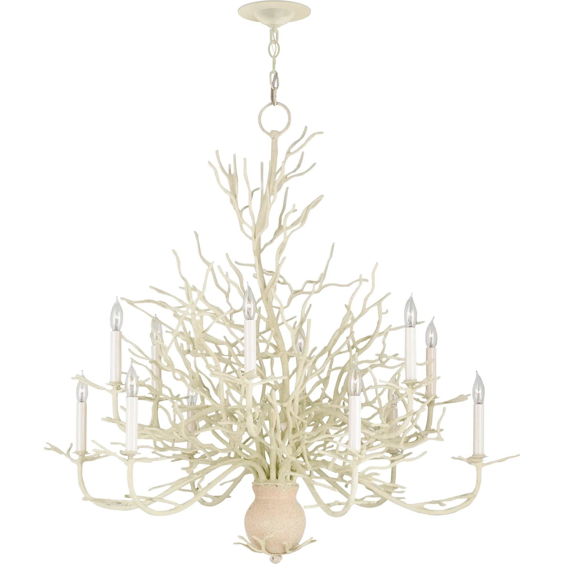 Seaward Chandelier by Currey and Company in white coral, natural sand. Made from wrought iron in a coastal style.