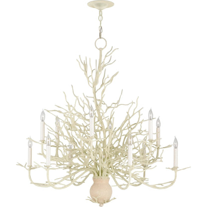 Seaward Chandelier by Currey and Company in white coral, natural sand. Made from wrought iron in a coastal style.