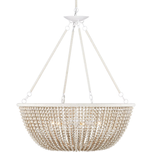Wychwood Chandelier by Currey and Company in sugar white, sandstone, white. Made from wrought iron, wood, kraft paper twine in a unique style.