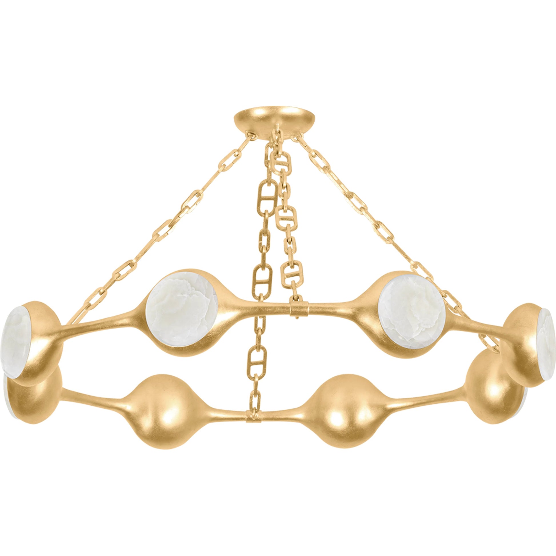 Riviere Chandelier by Corbett in vintage gold leaf. Made from iron in a modern style.