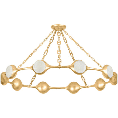 Riviere Chandelier by Corbett in vintage gold leaf. Made from iron in a modern style.