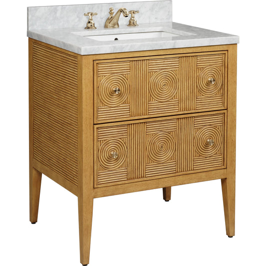 Santos 28" Vanity with Undermount Sink by Currey and Company. Made from rattan, mahogany, carrara marble, vitreous china, sungkai wood, brass in a unique style.