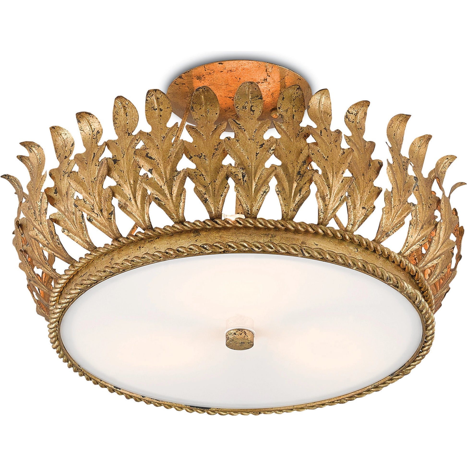 Biddulph Semi-Flush Mount by Currey and Company in gold leaf, white. Made from wrought iron, acrylic in a traditional style.