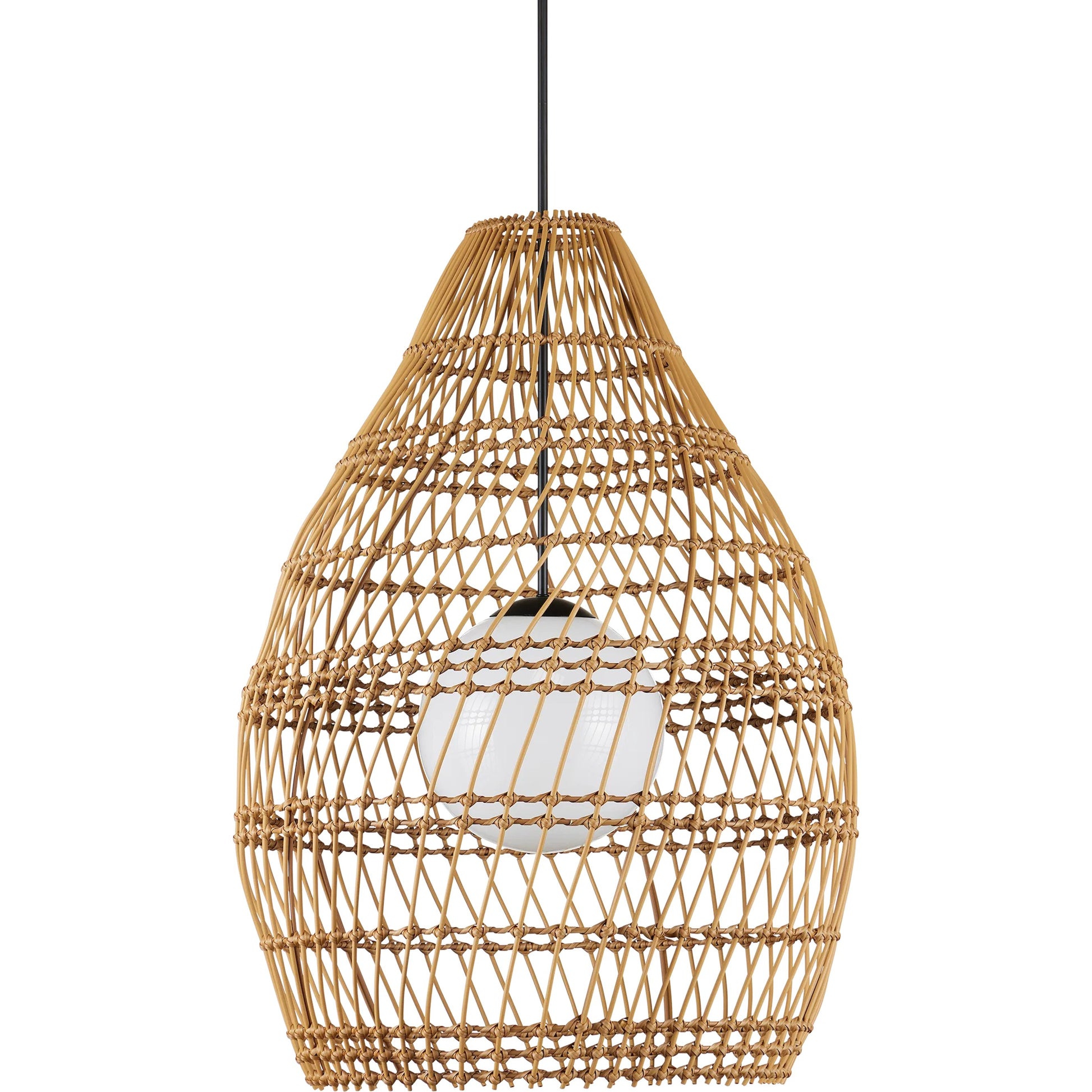 Fishtrap Outdoor Pendant by Currey and Company in natural, black, frosted white. Made from all-weather wicker, metal, glass in a unique style.
