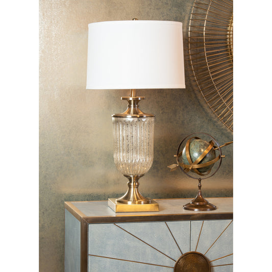 Ashwin Lamp by Wildwood in mercury, antique brass. Made from glass in a traditional style.