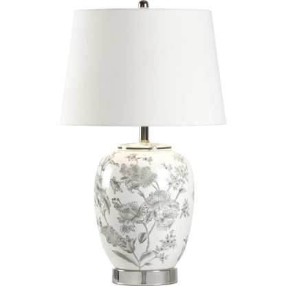 Mabel Lamp by Wildwood in white, gray glaze, polished nickel. Made from ceramic in a cottage & farmhouse style.